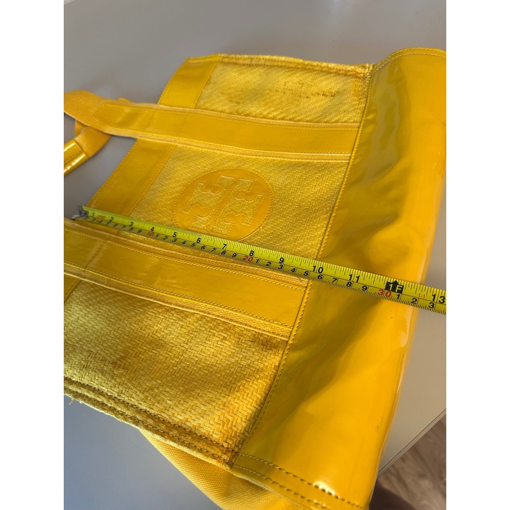 Tory Burch Ella Tote Yellow Patent Leather Woven Straw Butterfly Lining Bag - Picture 7 of 8